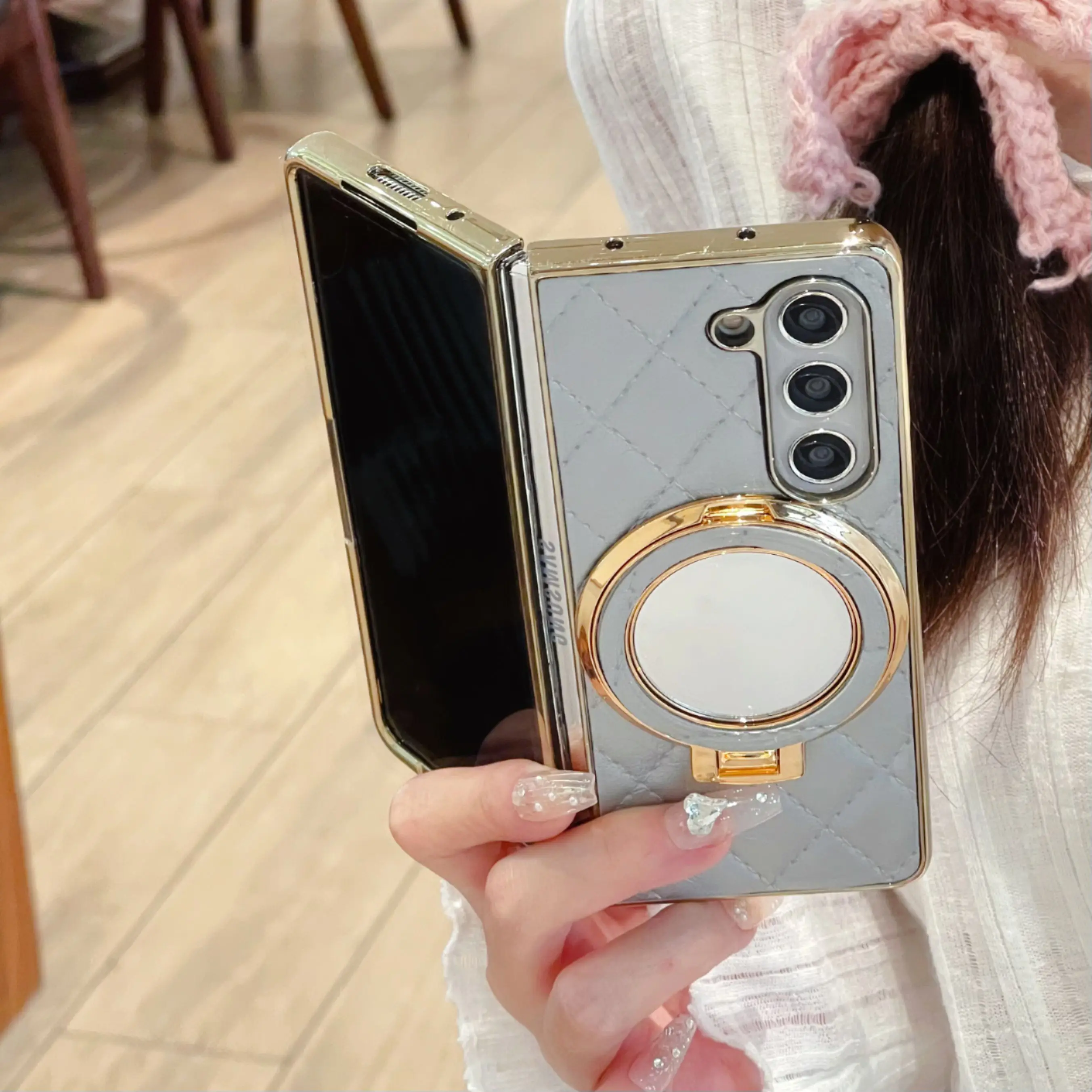 Luxury Leather Phone Case with Cosmetic Mirror Holder and Bracket