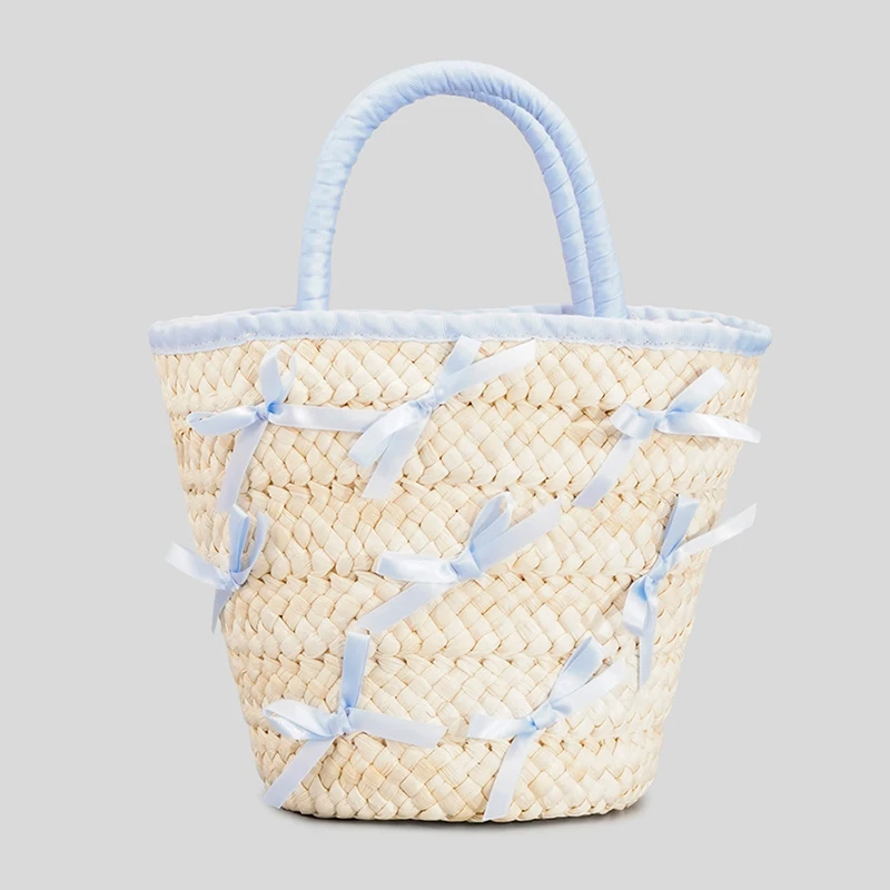 

Summer New Woven Gentle Style Hand Bags with Bow Tie Ribbon Ins Pure Colors Girls Bucket Beach Totes TOBO Designer Bag