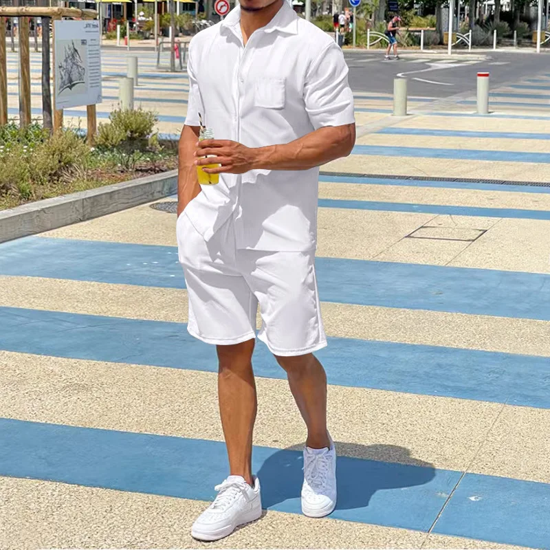 Plus Size 3xl Mens Casual Linen Two Piece Sets 2024 Single Breasted Tops Blouse and White Shorts Suit Male Beach Tracksuits Set 2