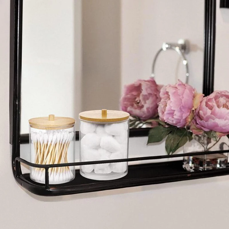 Acrylic Storage Box Bathroom Jar Makeup Organizer Cotton Round Pad Holder Cotton Swab Box Qtip Holder Dispenser Bamboo Lid