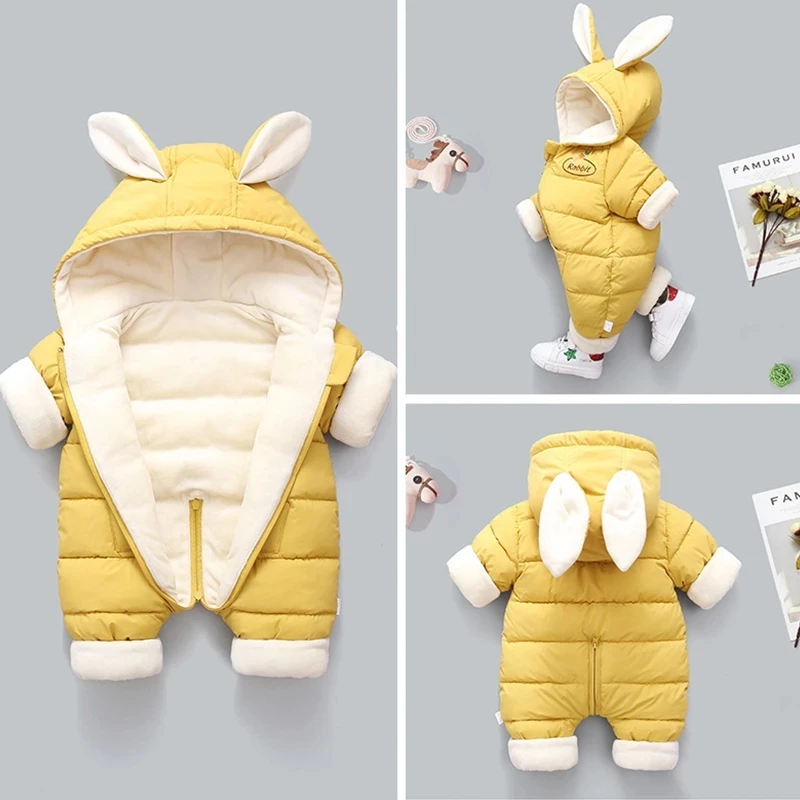 

Winter Baby Rompers Infants Boy Coats Toddler Kids Hooded Jackets Plus Velvet Thicken Jumpsuit Newborn Children Clothes 6 9 12 M