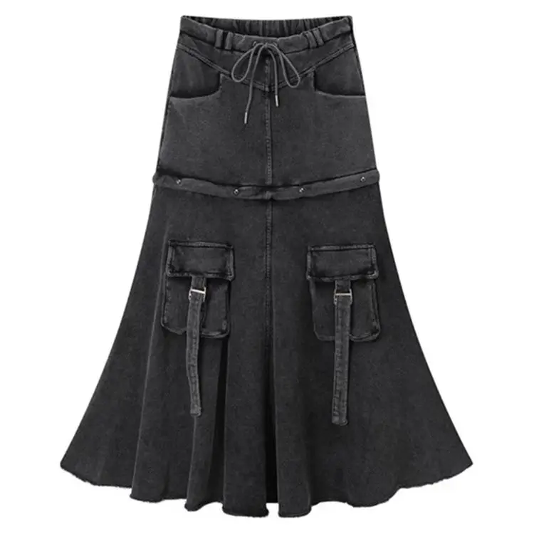 Denim Skirt Pocket Detachable Medium Length Black Grey American Vintage Women Loose Causal Mid Length A-Line Cargo Skirt