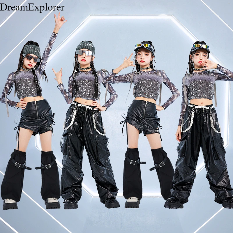 Hip Hop Girls K-pop Sequin Crop Top Street Dance Pu Leather Pants Kids Streetwear Shiny Shorts Child Jazz Costumes Clothes Sets