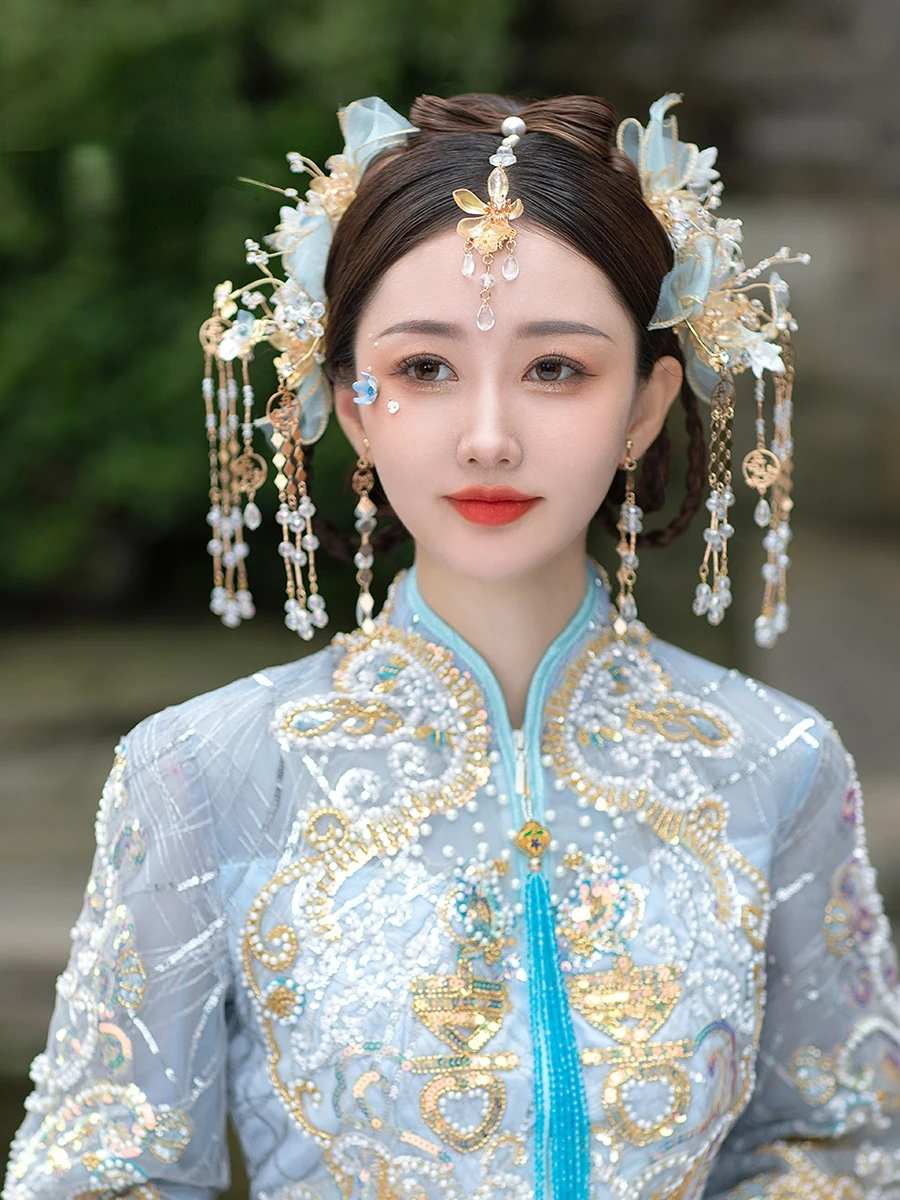 

Chinese Blue Bowknot Headdress Bride Phoenix Hairpin Set Wedding Clothing Accessories Hair Accessories for Women