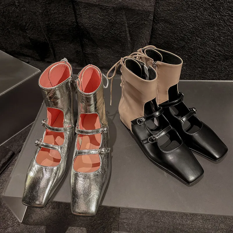 

MKKHOU Fashion Short Boots Women's New High Quality Genuine Leather Square Head Hollow Low Heel Open Boots Modern Ankle Boots