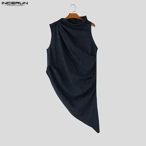 INCERUN Men's Irregular Tank Tops Striped Turtleneck Sleeveless Pleated Male Vests Streetwear Tops For Man Fashion Men Clothes - Image 3
