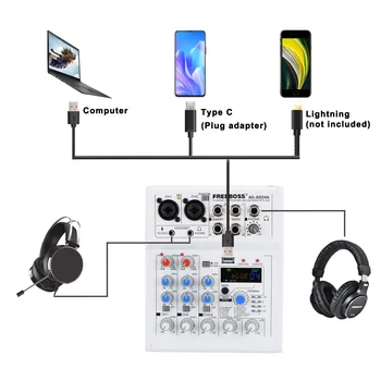 FREEBOSS Mixing Console Mobile Broadcast 4 Channel Bluetooth PC USB Play Record 88 DSP Digital Effect Sound Audio Mixer AG-AS04A 4