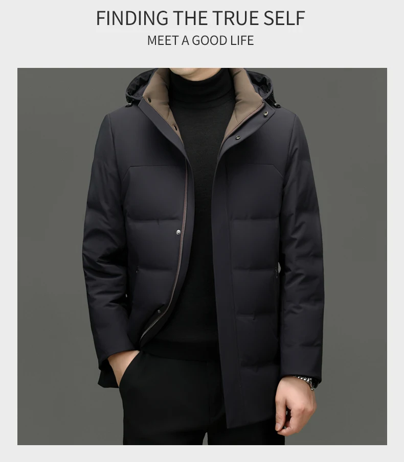 Lässige Winterjacke für Herren, warme Entendaunenjacke mit Kapuze, solide abnehmbare Mütze, Puffermantel, Oberbekleidung, lockere, winddichte, dicke, mittellange Parkas – Detail 12