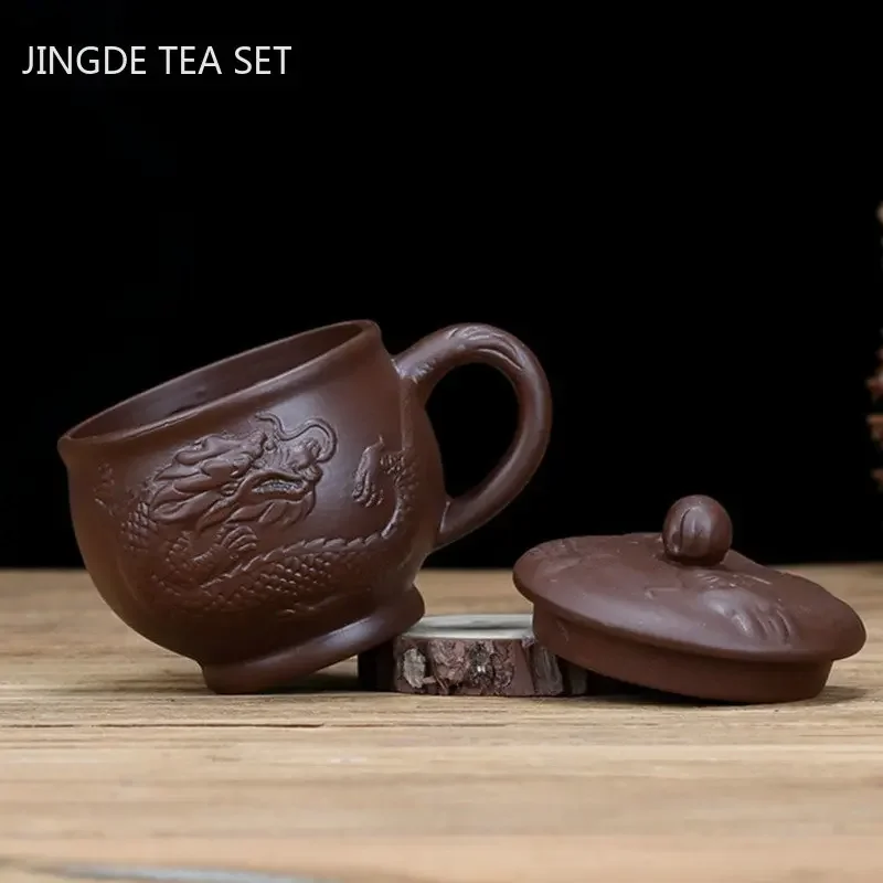 Yixing Purple Clay with Handle Teacup Handmade Dragon Pattern Master Cup Office Portable Tea Cup Tea Maker Personal Single Cups