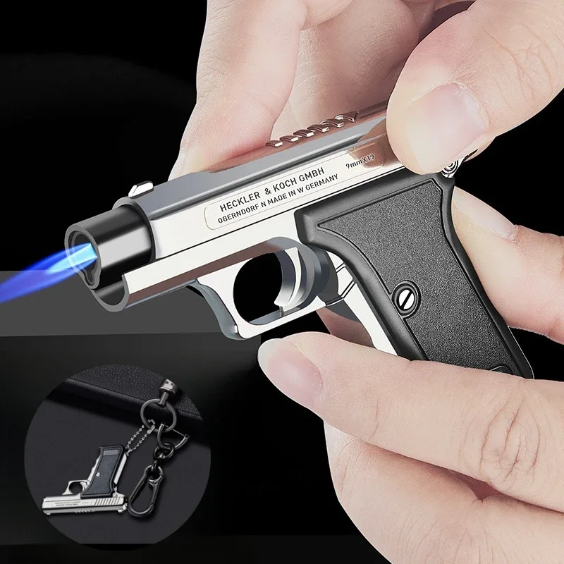 Tragbares winddichtes Anhänger-Feuerzeug für den Außenbereich, Metallspray, blaue Flamme, Taschenlampe, aufblasbares Feuerzeug, Zigarettenzubehör, Geschenk für Männer