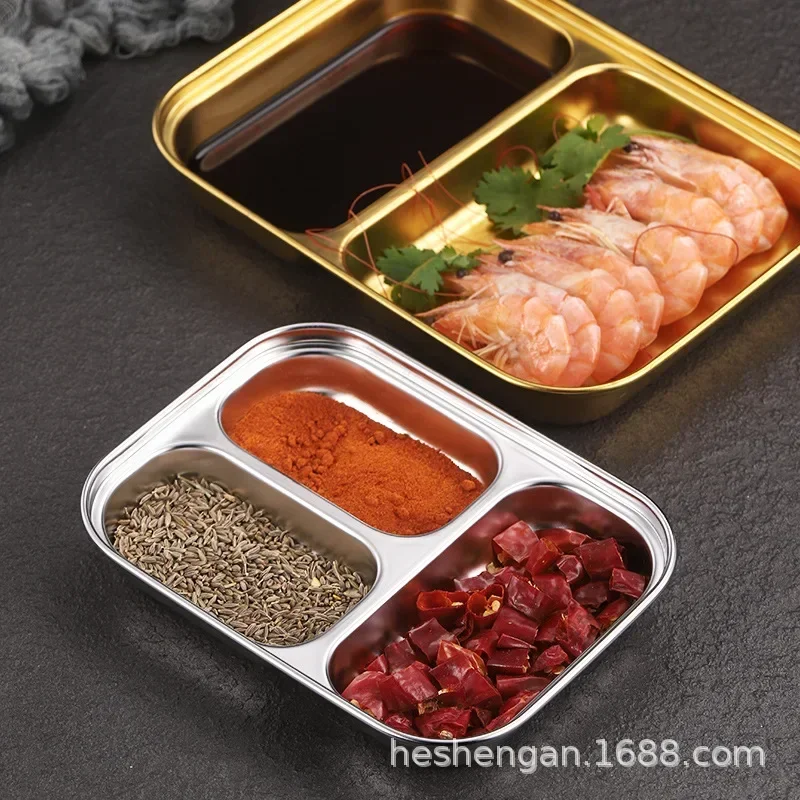 Golden Korean Style 304 Tableware Stainless Steel Plate Dinner Divided snack meal seasoning kindergarten student box meal