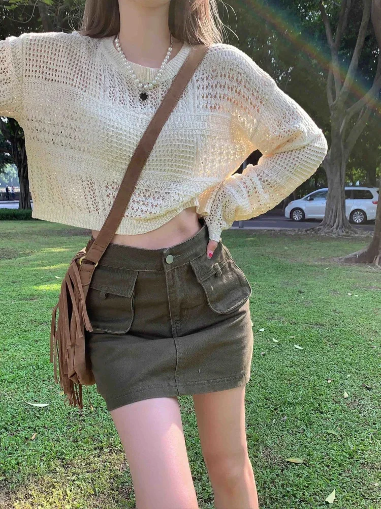 

Vintage Oversized Cropped Sweater Women Harajuku Sexy Hollow Out Knitted Pullover Summer Casual Sunproof Thin Y2K Tops