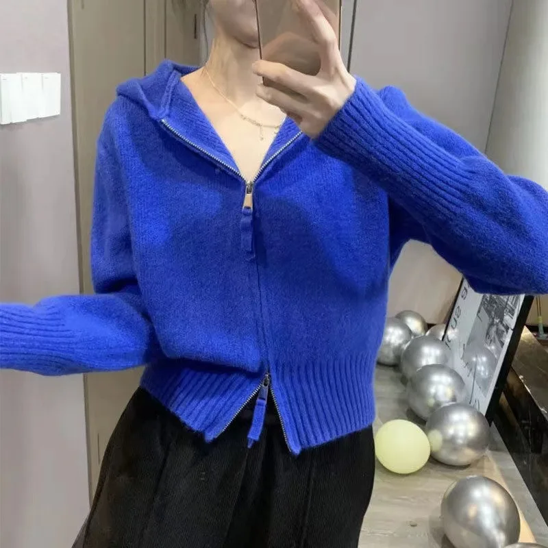 Cropped Knitted Sweater Long Sleeve Hoody Cardigan