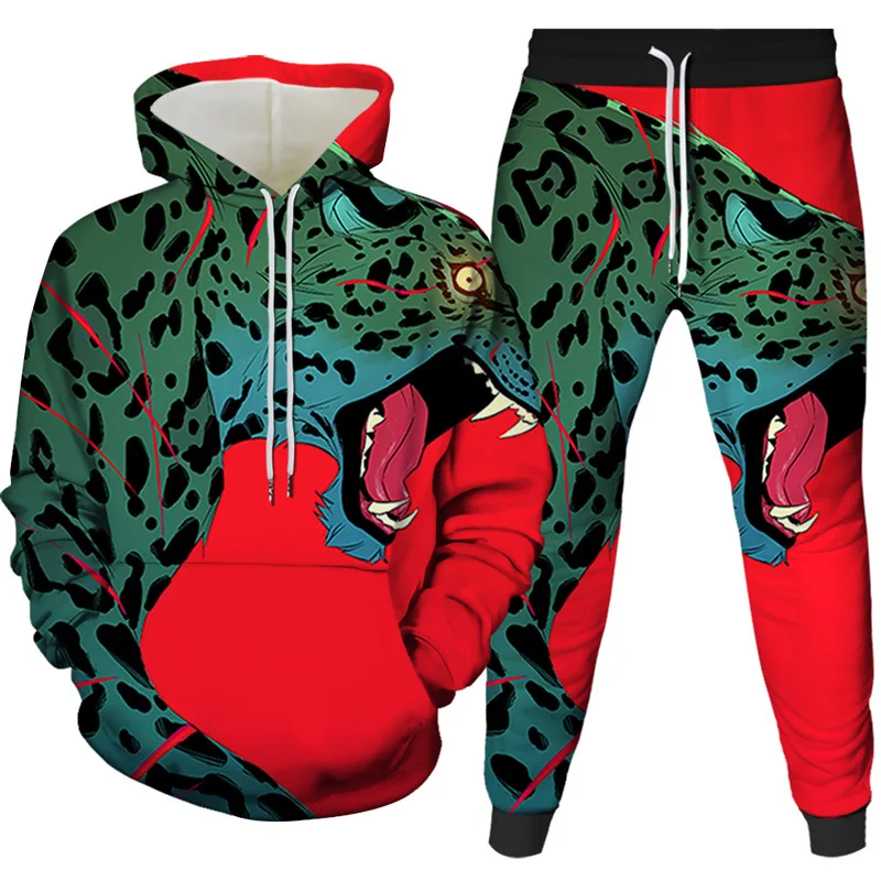 Autumn New Men Vintage Hoodie Set Leopard Pattern Tracksuit Male Oversized Fashion Clothing  Breathable Casual Hooded Streetwear