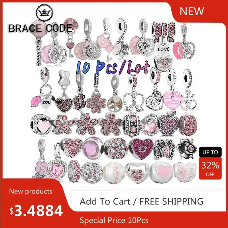 10Pcs/Lot Pink Water rhinestone Heart Flower Pendant Charm Bead Suitable Women DIY Original Brand Bracelet Necklace Direct Sales