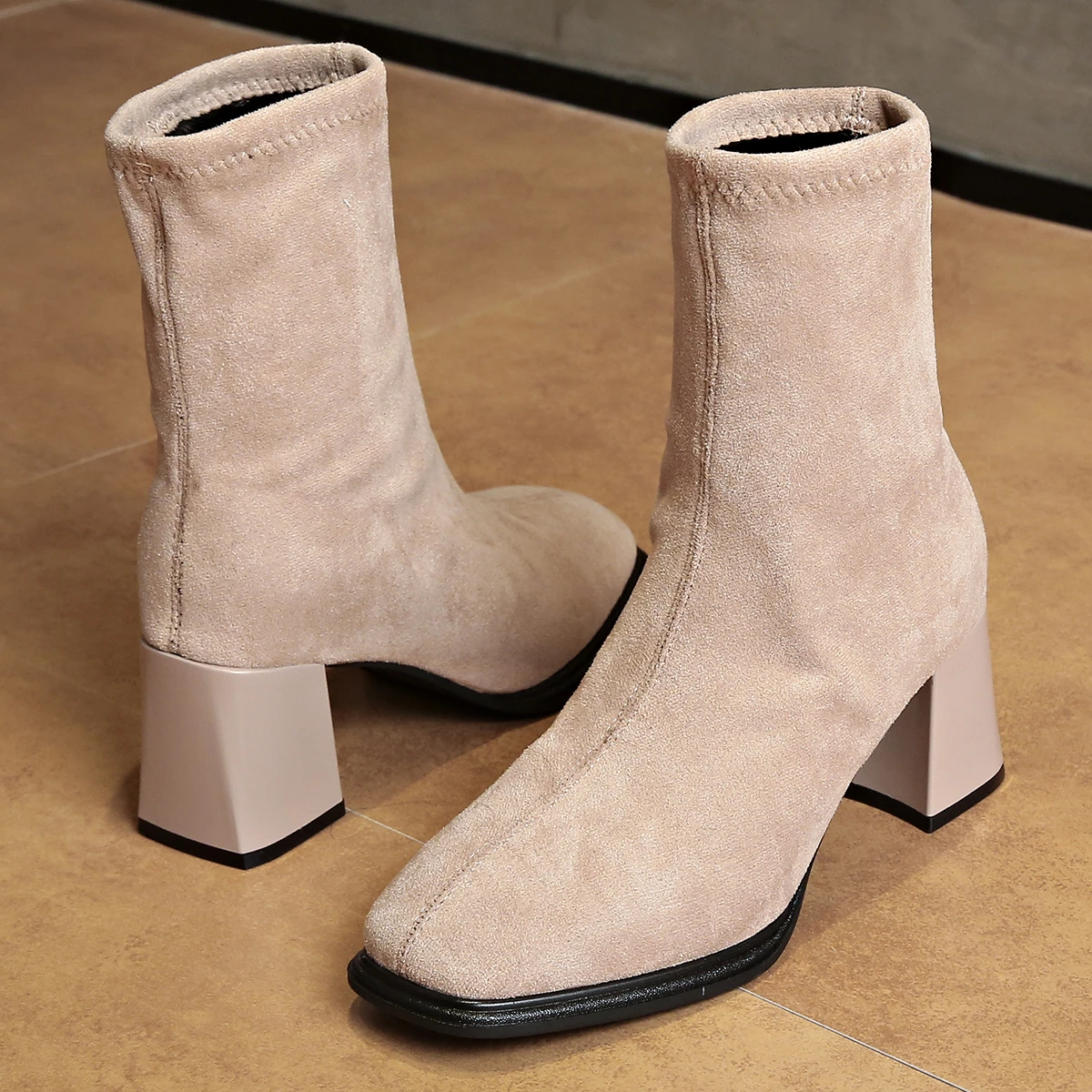 Aphixta Beige Flannel Upper Concise Women Ankle Boots 6.5cm High Heel Modern Boots Shoes Woman Boats botines para mujeres Size42