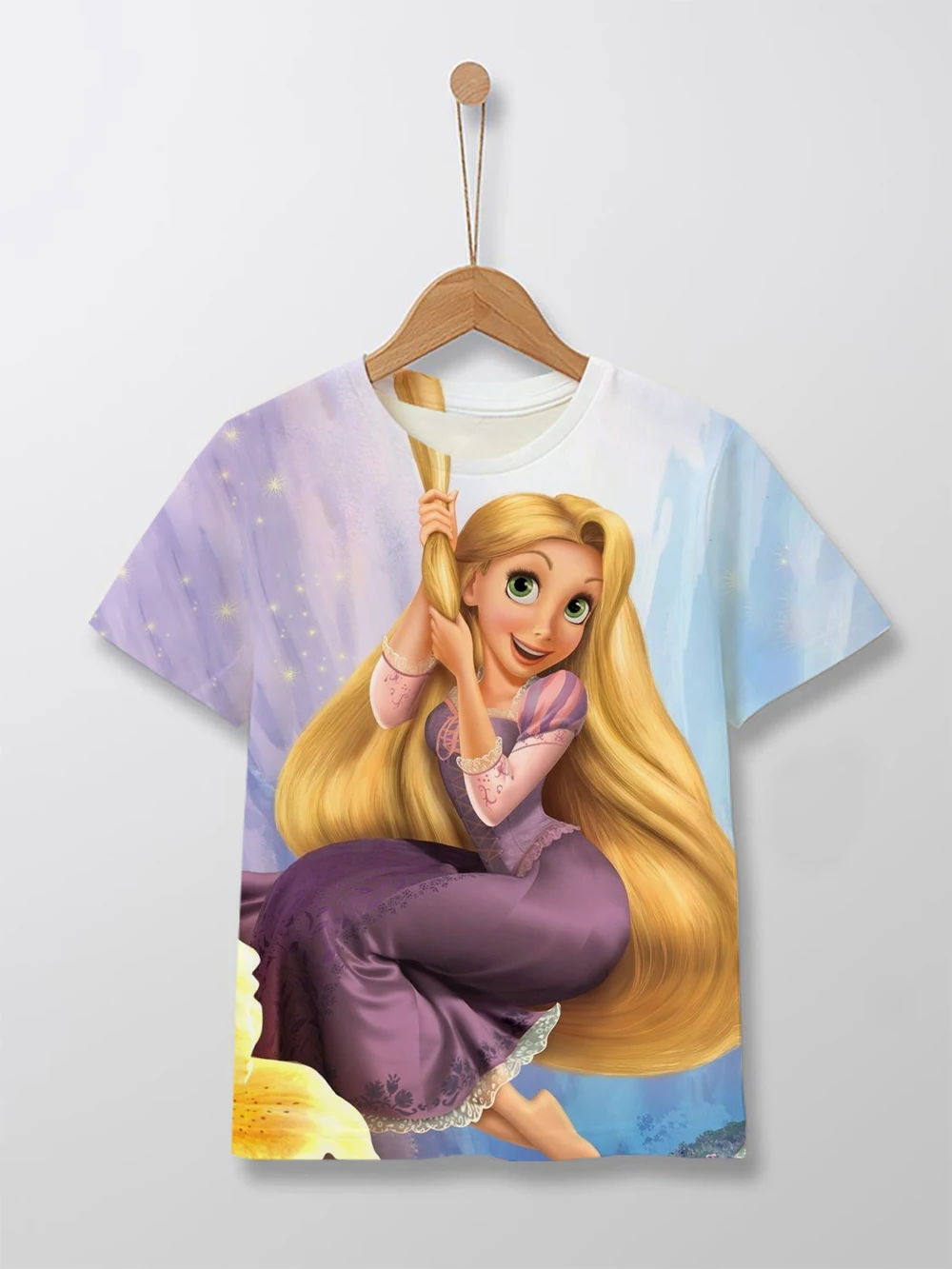 Summer 2023 Disney Enchanted Rapunzel printed round neck short-sleeved T-shirt 1-14 years old street fashion children's T-shirt 6