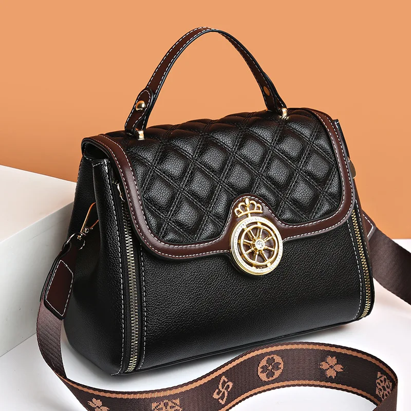 

New Fashion Mom's Bag PU Leather Single Shoulder Crossbody Bag Lingge Embroidered Thread Trendy Women's Bag