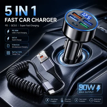 Caricabatterie per Auto a 5 Porte con Ricarica Rapida PD QC3.0 USB C + Cavo a Spirale per Trasferimento Dati e Adattatore Tipo C per Auto
