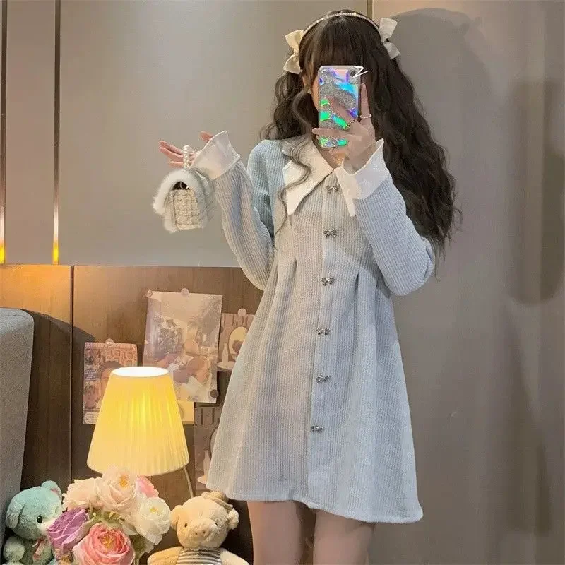 

Deeptown Japanese Y2k Blue Mini One Piece Dress Women Korean Style Cute Long Sleeve Princess Dresses Harajuku Winter Vestidos