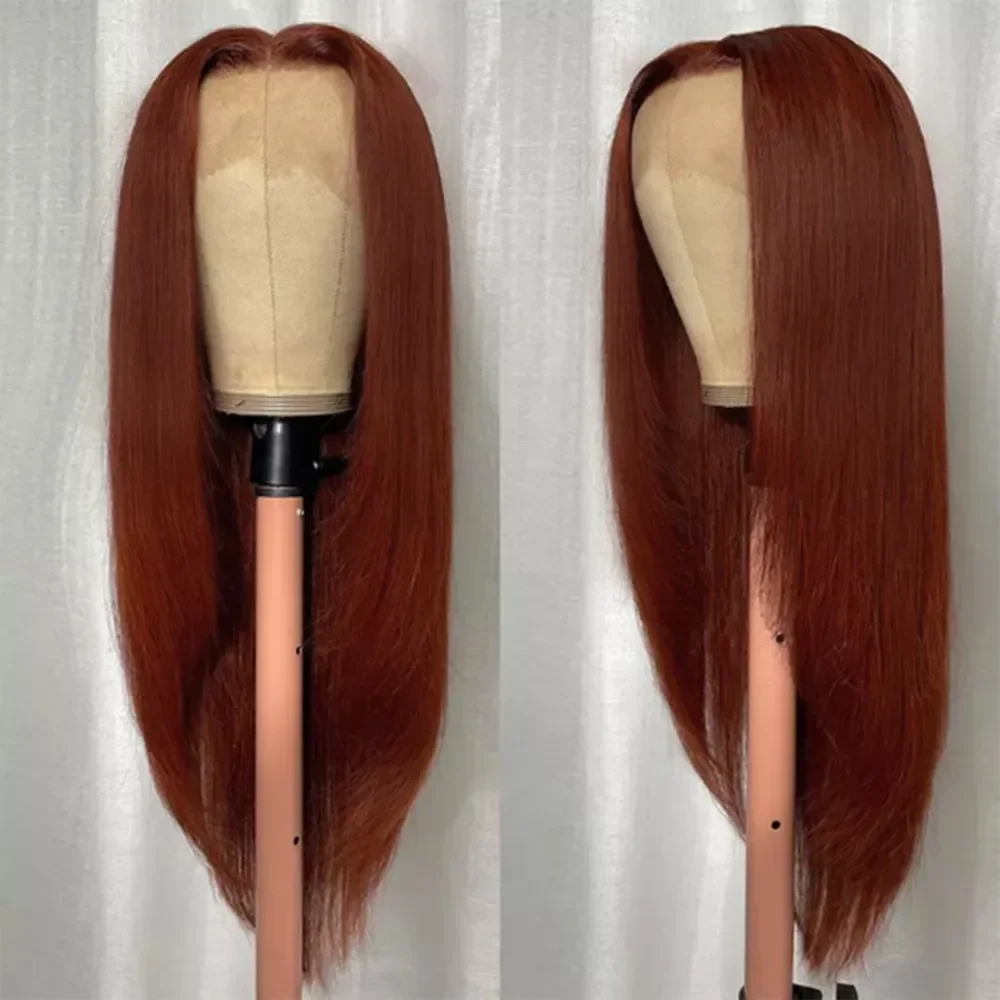 Perruque Lace Front Wig synthétique sans colle, cheveux lisses, brun rousse, cuivre, papillon, 13tage