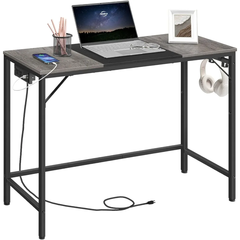 Home Office Desk with Power Outlet, Modern Study Writing Desk with 3 Hooks for Study Room, Home Office, Computer Desks 2