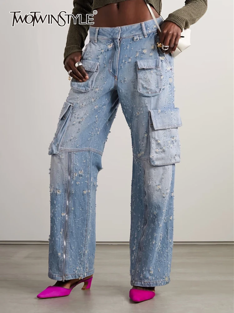 

TWOTWINSTYLE Ombre Rupped Jeans For Women High Waist Patchwork Pockets Vintage Temperamnet Jean Female Fashion Style Clothes New