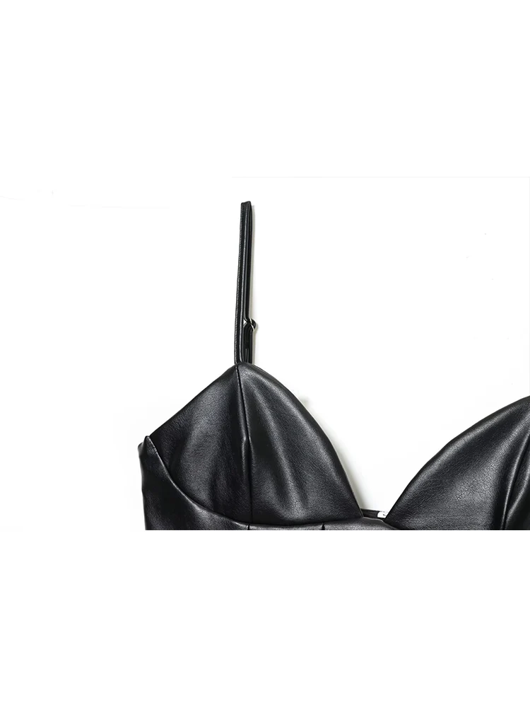 Women Sexy Fashion Leather Mini Dress New V-Neck Ruffled Decor Slimmint Sling Short Dress 2026 Ladies Casual Party Dress