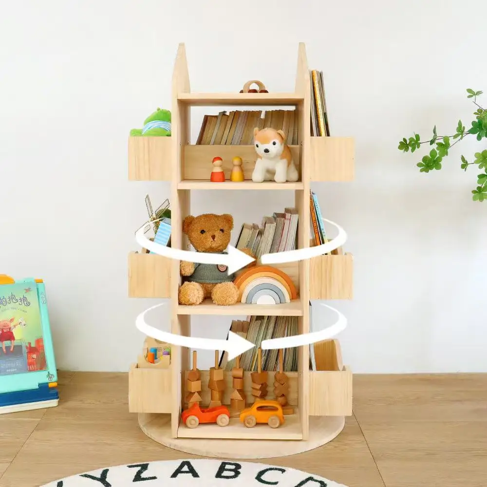 Montessori Wood Bookshelf Floor Standing Bookcase Rotation 360 Display Book Storage Cabinet Modern Baby Kids Bookcase