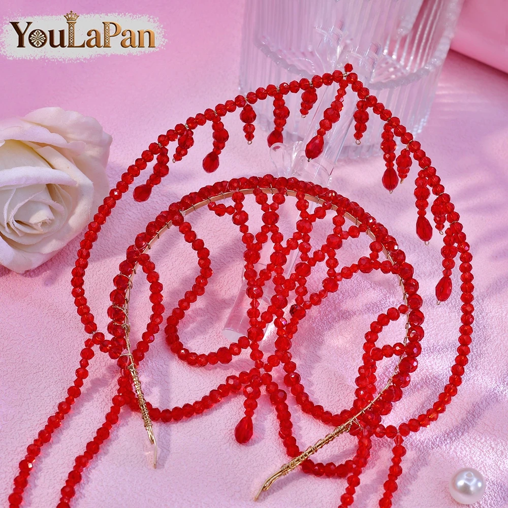 YouLaPan 럭셔리 레드 컬러 크리스탈 크라운 머리띠 Boho Tassel 신부 티아라 헤어 액세서리 파티 축제 헤드피스 A417