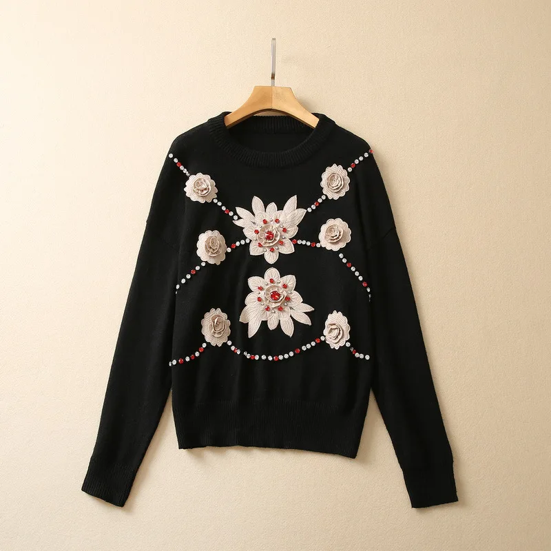 

European and American women's wear for winter 2022 Long sleeve round neck flower embroidery beading Fashion knit sweater