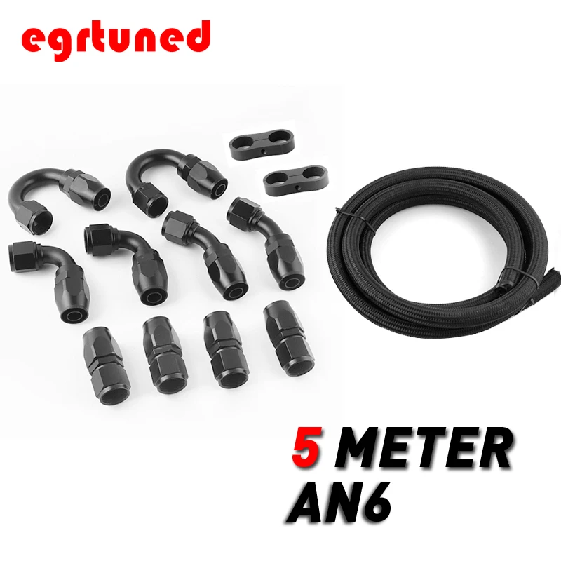 

6AN AN6 Oil Fuel Fittings Hose End 0+45+90+180 Degree Oil Adaptor Kit AN6 Braided Oil Fuel Hose Line 5M Black With Clamps