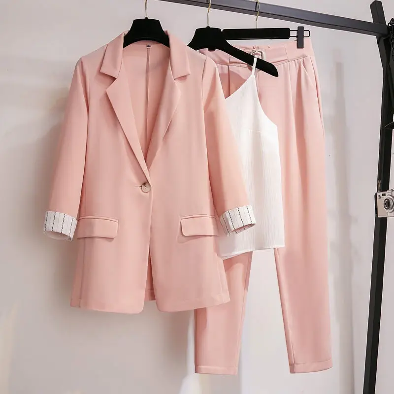 womens white suit set 2022 spring new plus size Korean elegant women's suit female blazer leisure pants Tweed suit jacket three piece jacket pants set plus size formal pant suits