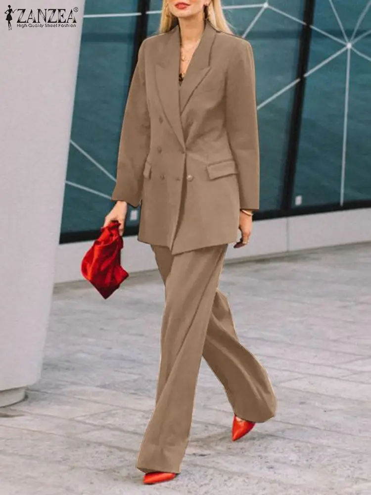

ZANZEA 2PCS Fashion Urban Tracksuit Elegant Women OL Work Blazer Suits Autumn Wide Leg Pants Loose Outifits Solid Matching Sets