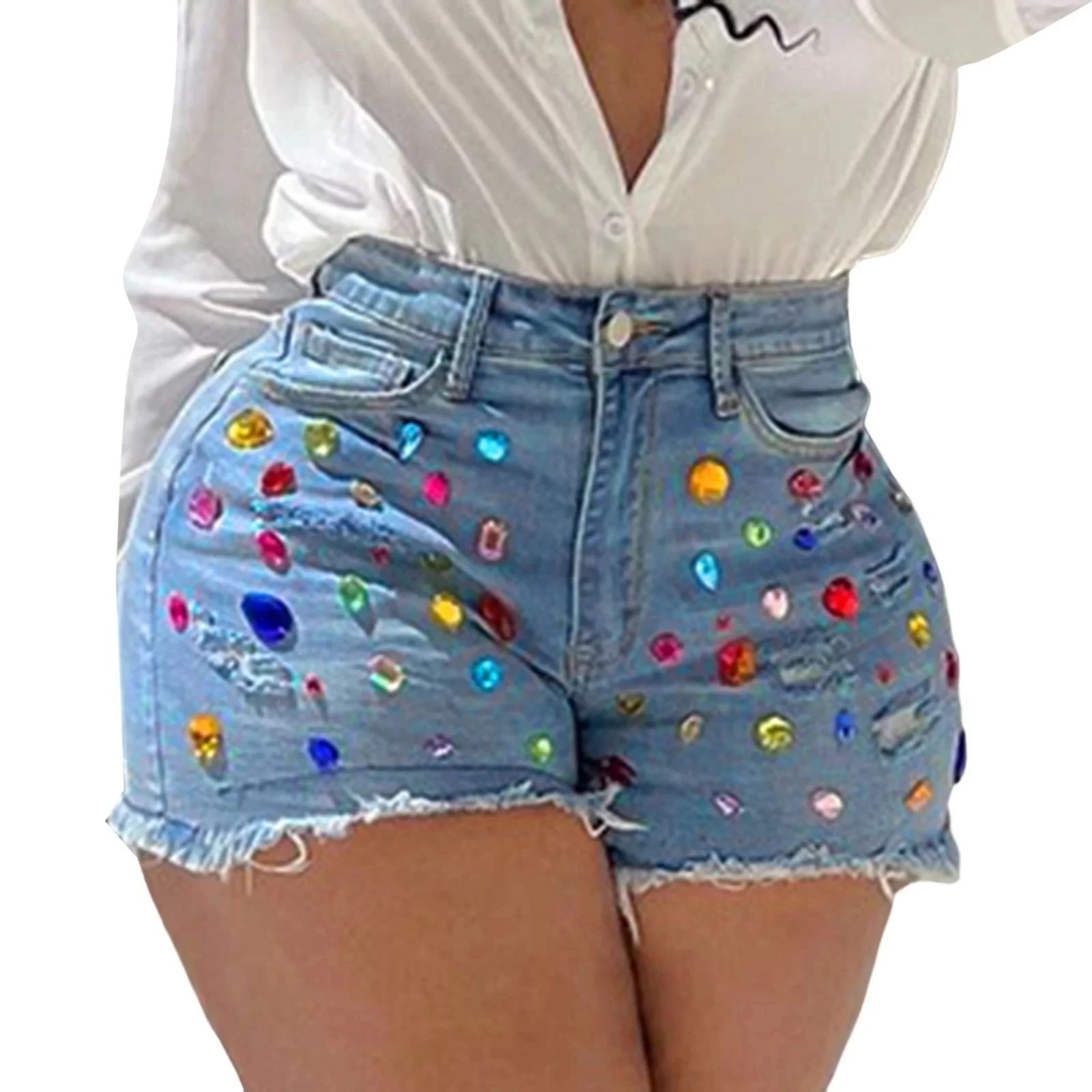 

Rhinestone Denim Women Shorts Mid Waist Ripped Frayed Hem Stretchy Jean Shorts With Pockets Women 2024 Spring