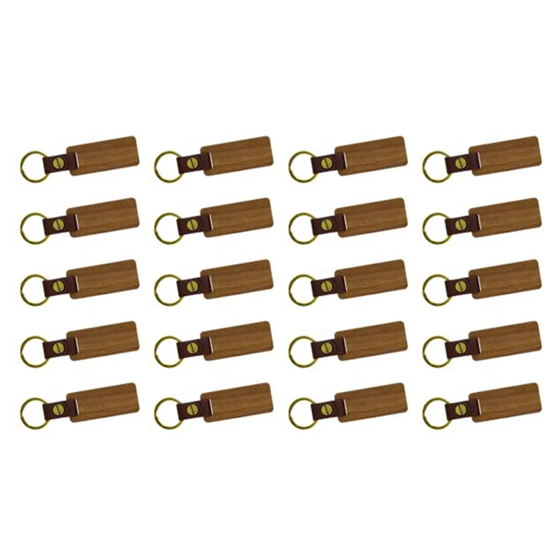 20 PCS Unfinished Wood Crafts Rectangle Leather Keychain Blank Wooden Walnut With Keyring For DIY