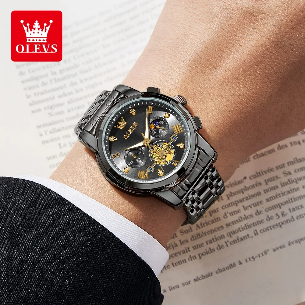 OLEVS Men's Moon Phase Quartz Watch - 30m Waterproof, Luminous Stainless Steel Wristwatch with Genuine Fashion Design, Box Set