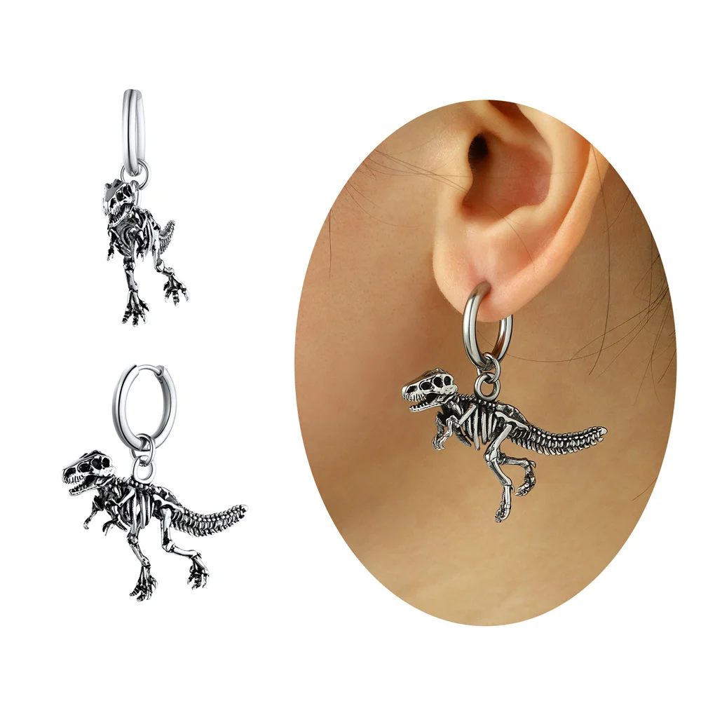 U7 Stainless Steel Dinosaur Dangle Earring 18K Gold Black Color Punk Tyrannosaurus Rex Skeleton Bone Rock Unisex Man Earrings