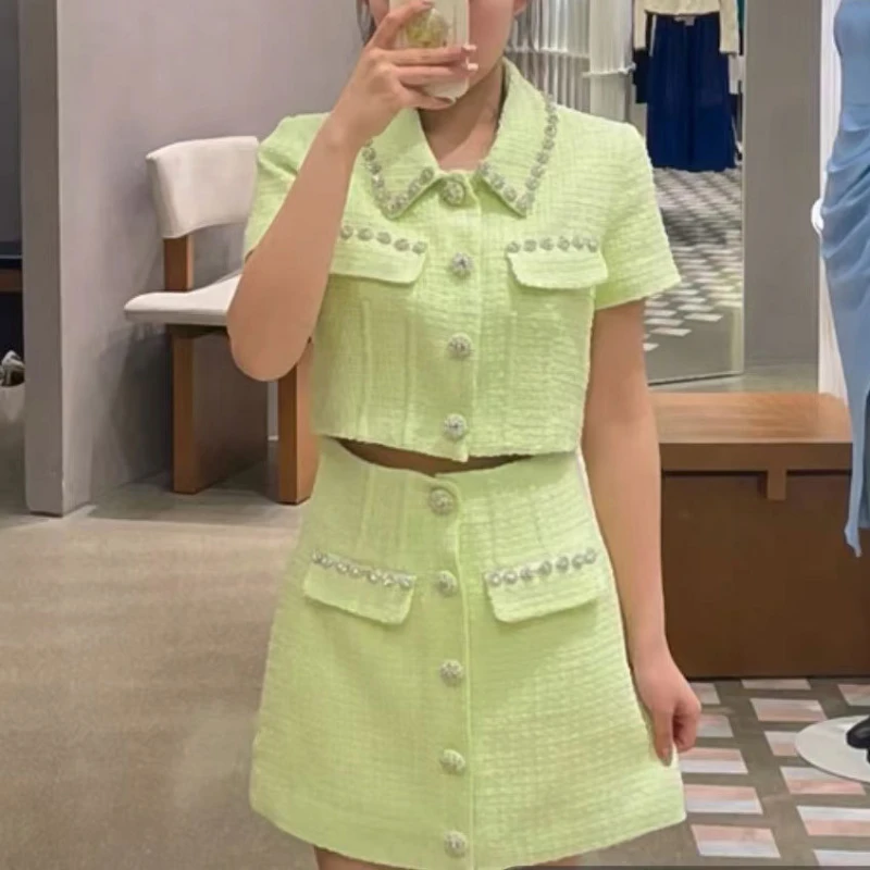 

Office Ladies Fashion Two-Piece Suit Small Fragrance Rhinestone Top with Mini Skirt Casual Women Two-Piece Suit