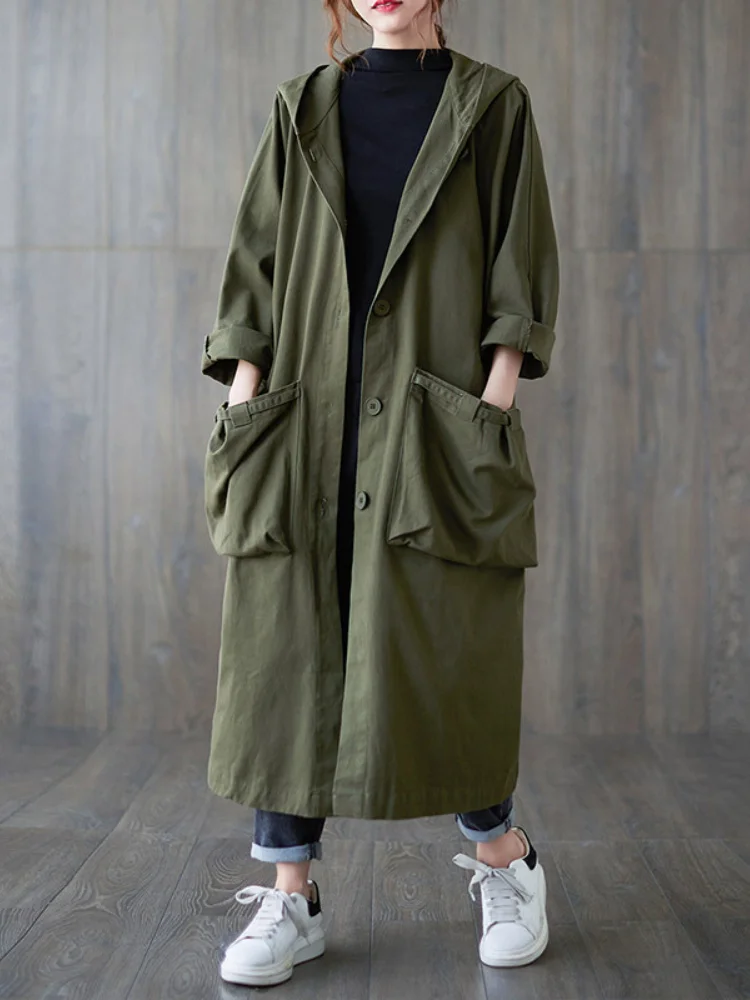 

Women's Trench Coat 2023 Spring Autumn New Outerwear Hooded Pockets Loose Casual Women Clothing Vintage Windbreakers Jackets