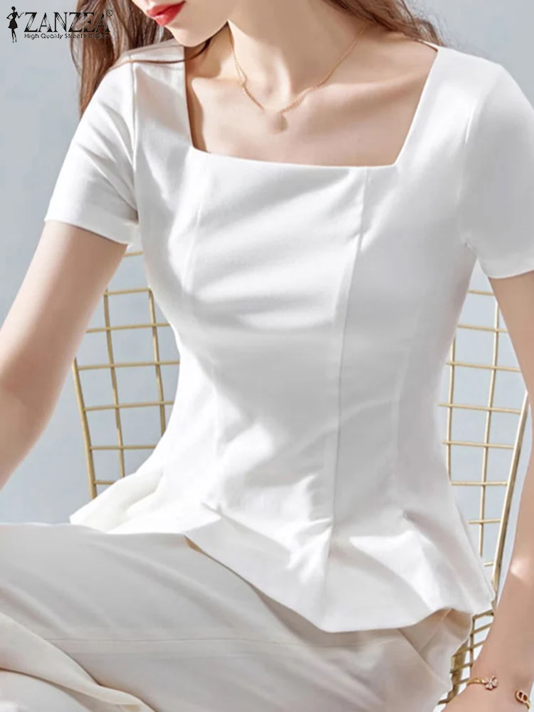 ZANZEA Elegant Women Office Lady Blouse Casual Slim Fit Work Tops Female White Blusas 2023 Summer Square Neck Short Sleeve Shirt