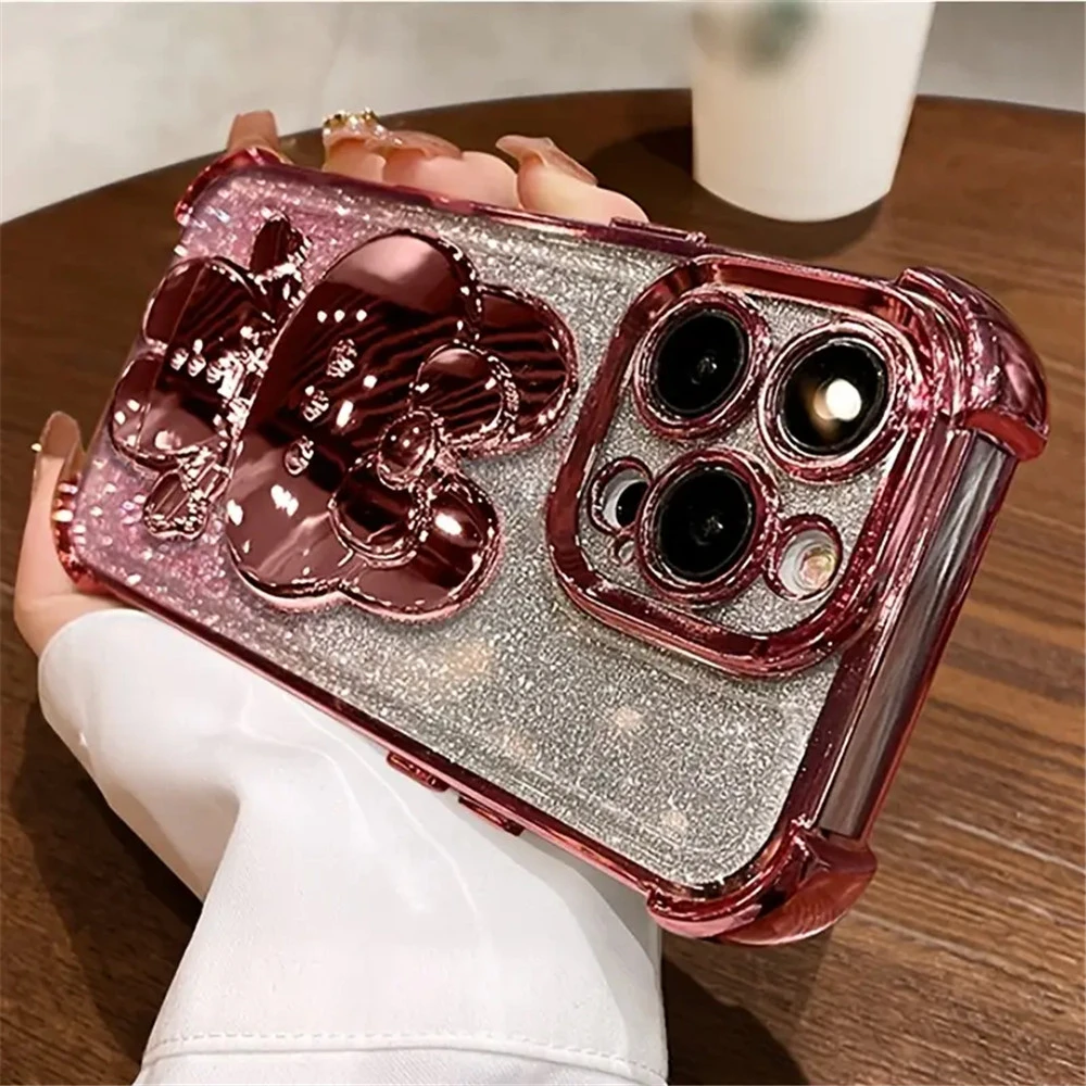 Shockproof Glitter Case with Invisible Makeup Mirror and Rabbit Stand Cover