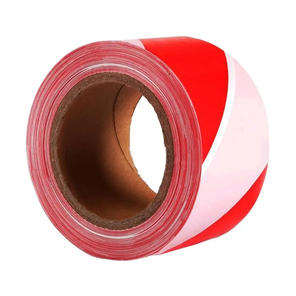 Ruban de signalisation de sécurité rouge et blanc enroulé, étiquette du produit visible