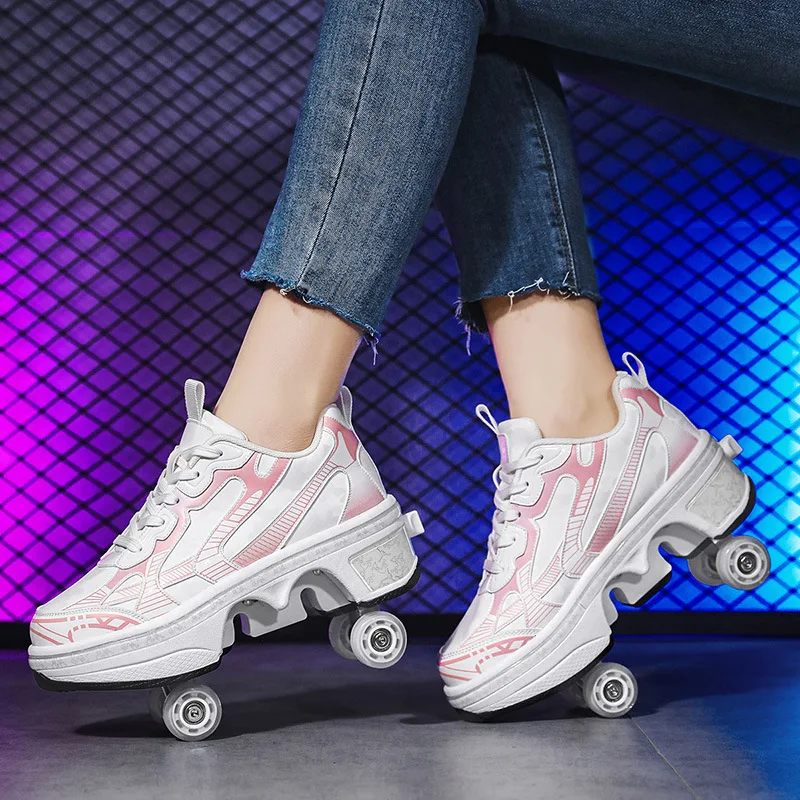 Automatic Retractable 4-Wheel Roller Skates Women's High Sneakers Shoes With Wheels Girls' Dual-Purpose Skating Sports Shoes