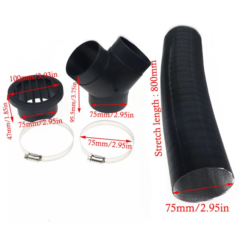 75mm Heater Pipe Duct + Round Flat Warm Air Outlet + Y Piece Vent Hose Clips Set For Webasto Eberspacher Propex Diesel Heater