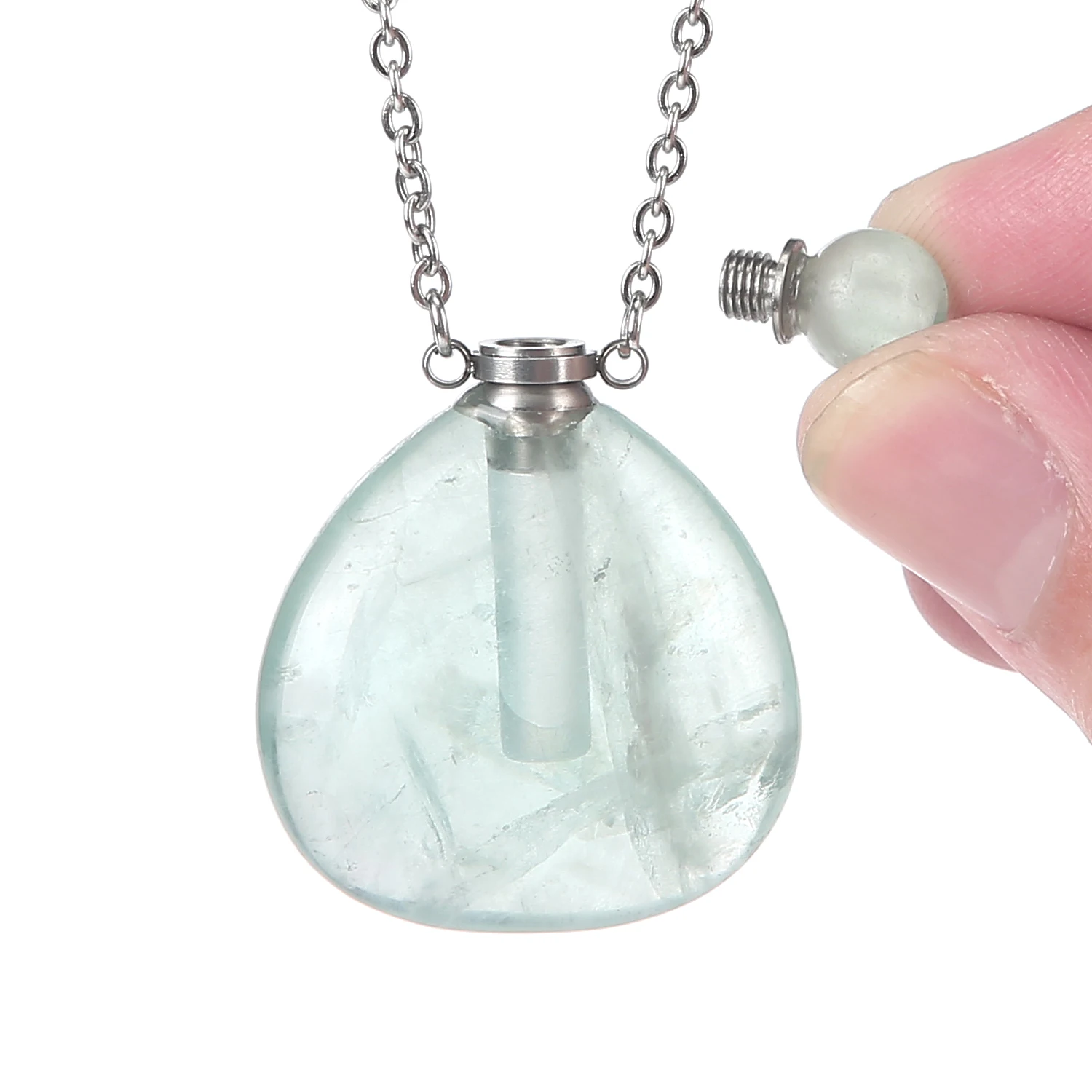 VGDS Natural Crystal Green Fluorite Water Drop Inverted Heart Perfume Bottle Necklace Pendant Stainless Steel Accessories Opened