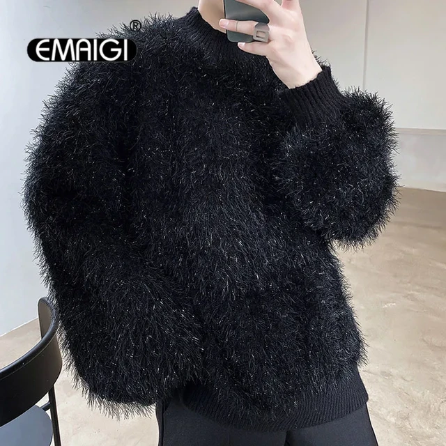 Men's Faux Fur Sweaters Casual Pullover Elegant Knitwear Thicken Loose  Fashion