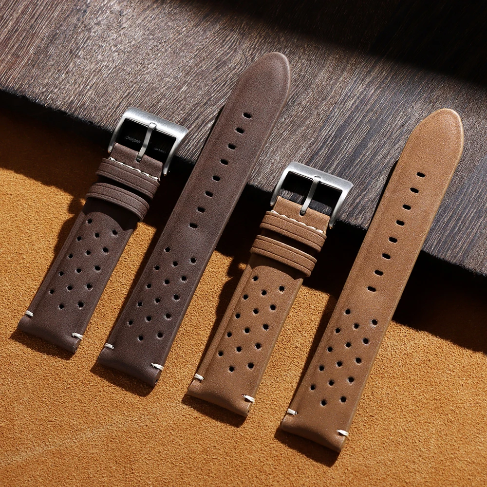 Vintage Matte Leather Racing Watch Straps - Gray, Black, Brown Porous and Breathable Men’s Watchband
