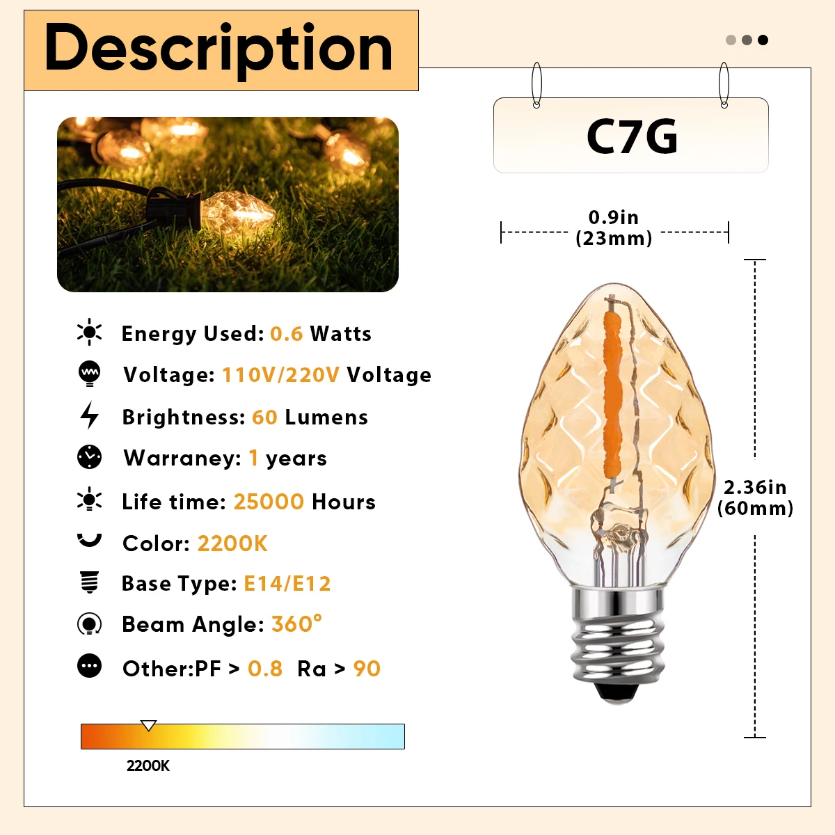 Amber C7 Led Bulb E14 220V E12 110V Filament Lamp 0.5W Retro Vintage Replaceable Warm White For String Light Christmas Lights