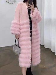 Winter Fox Fur Coat For Women 2023 European Fashion Ladies Sweet Pink Blue Pearl Beading Mink Velvet Long Overcoat Manteau Femme